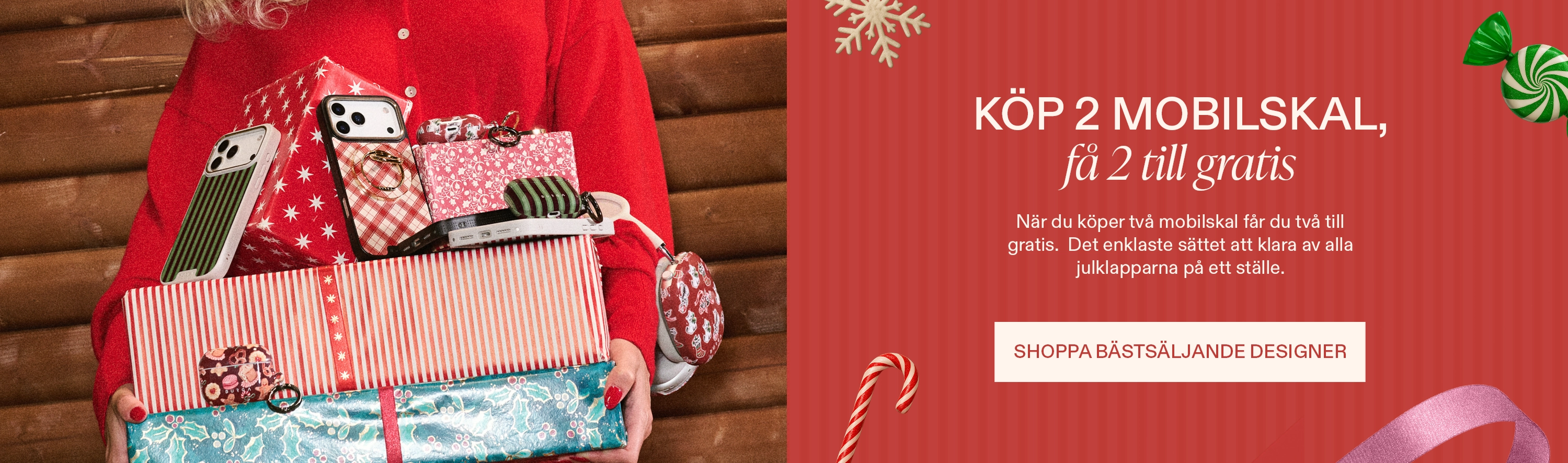 Person holding wrapped gifts and phone cases, standing beside promotional text on a red background.