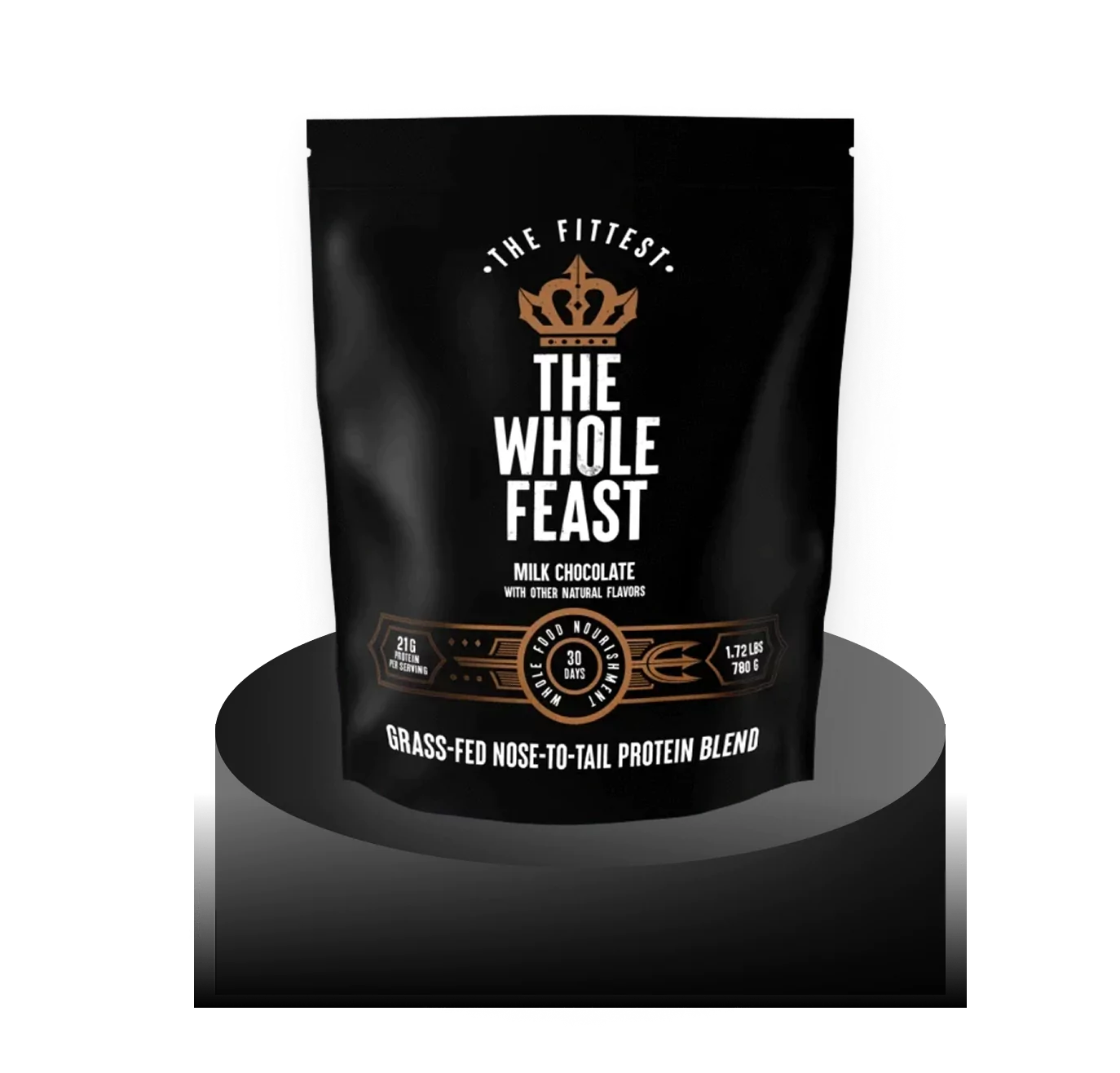 Black protein powder bag labeled 'The Whole Feast' on a dark background.