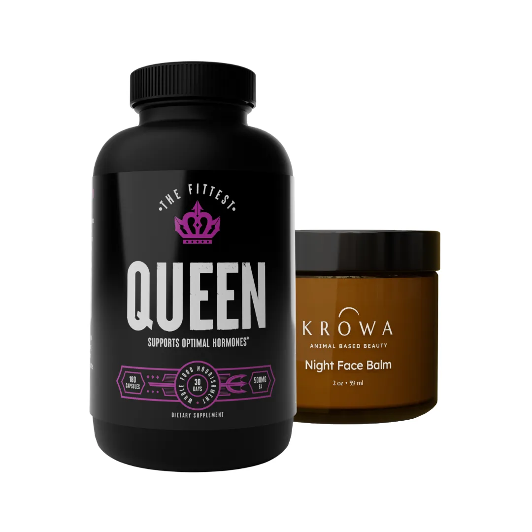 Black supplement bottle and brown jar labeled night face balm on white background.