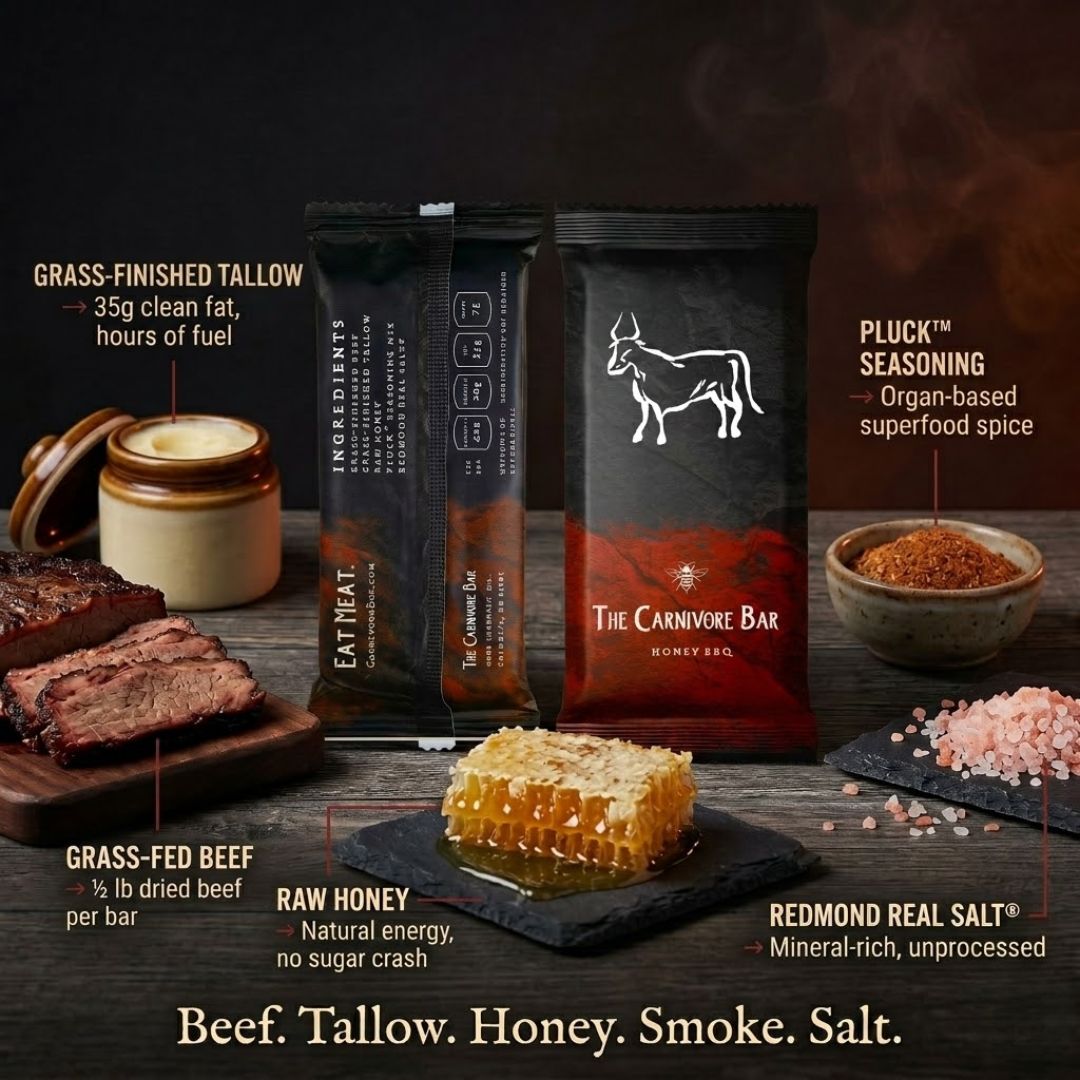 An advertisement for The Carnivore Bar, showing the packaging next to its ingredients: beef, tallow, honey, and salt.