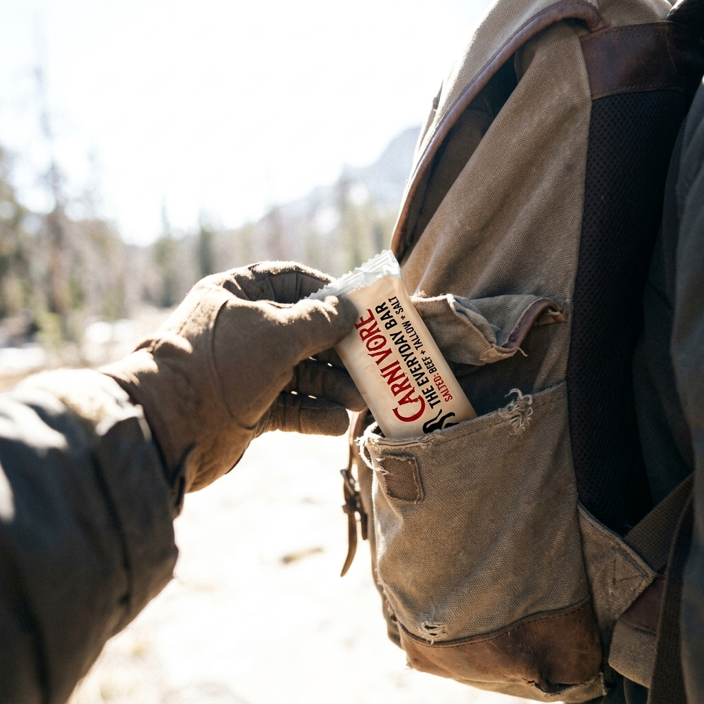A person's gloved hand putting a Carnivore Bar into the side pocket of a backpack outdoors.