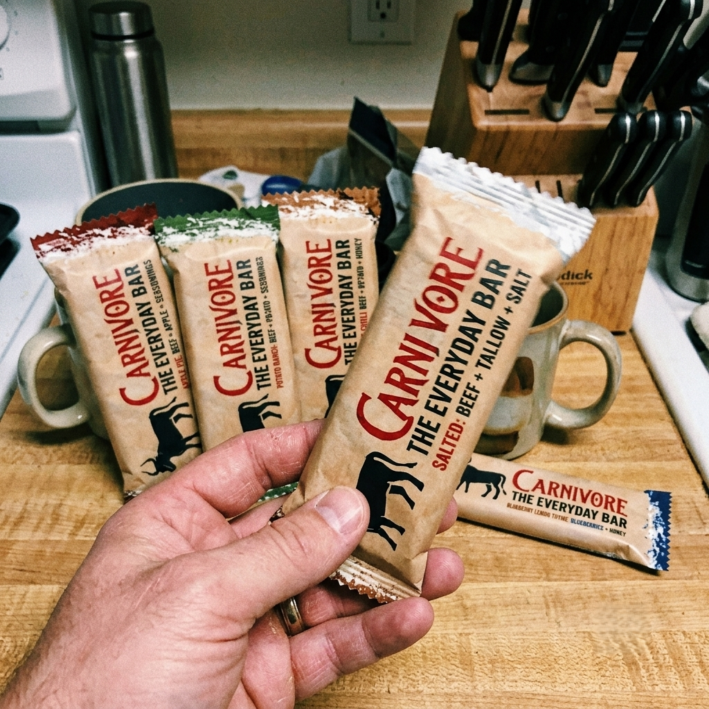 A hand holds a Carnivore brand protein bar, with several others on a kitchen counter.