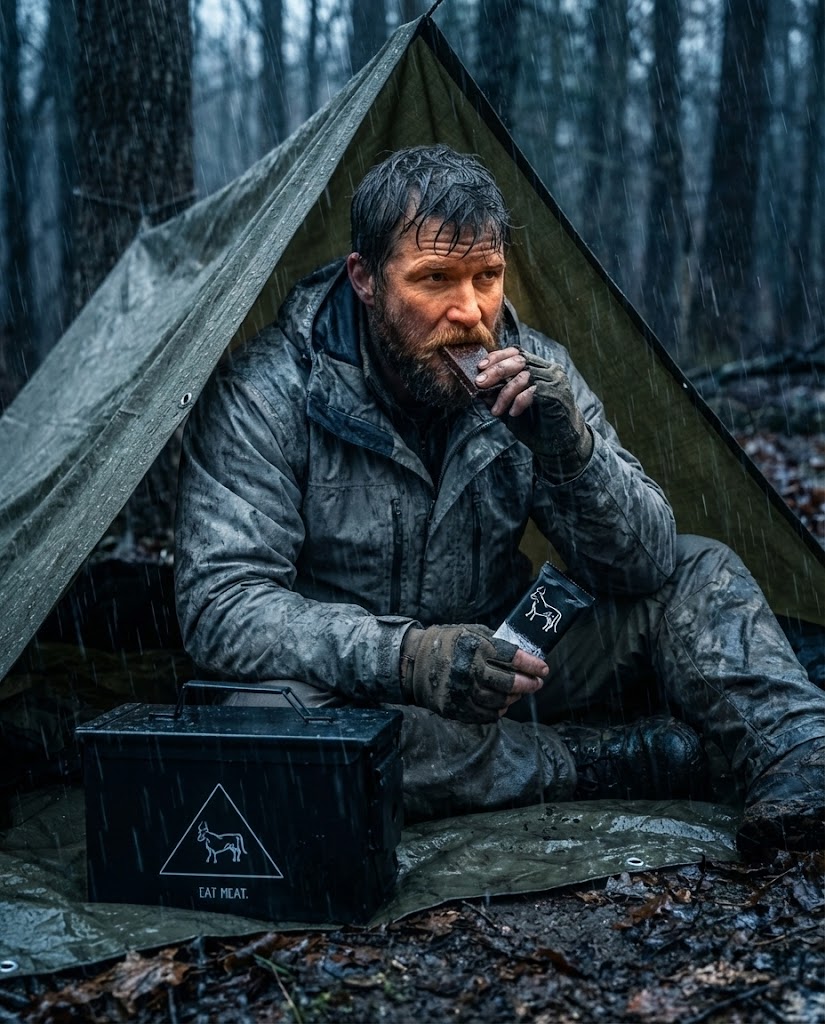 A man in outdoor gear sits under a tarp in the rain, eating a food bar.