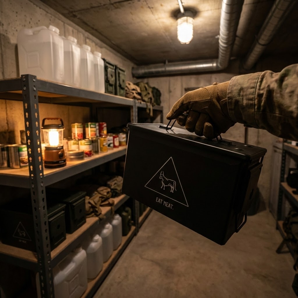 A person in a gloved hand holds a black metal box in a storage room with survival supplies.
