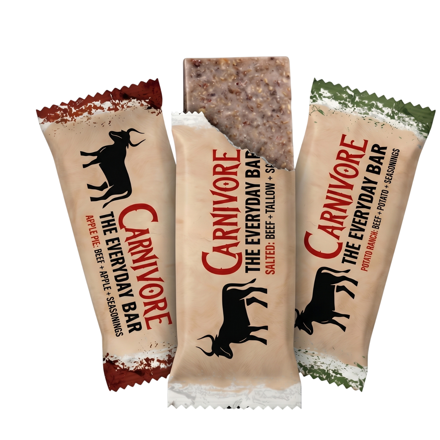 Three Carnivore The Everyday Bars in various flavors, with one opened to show the bar inside.