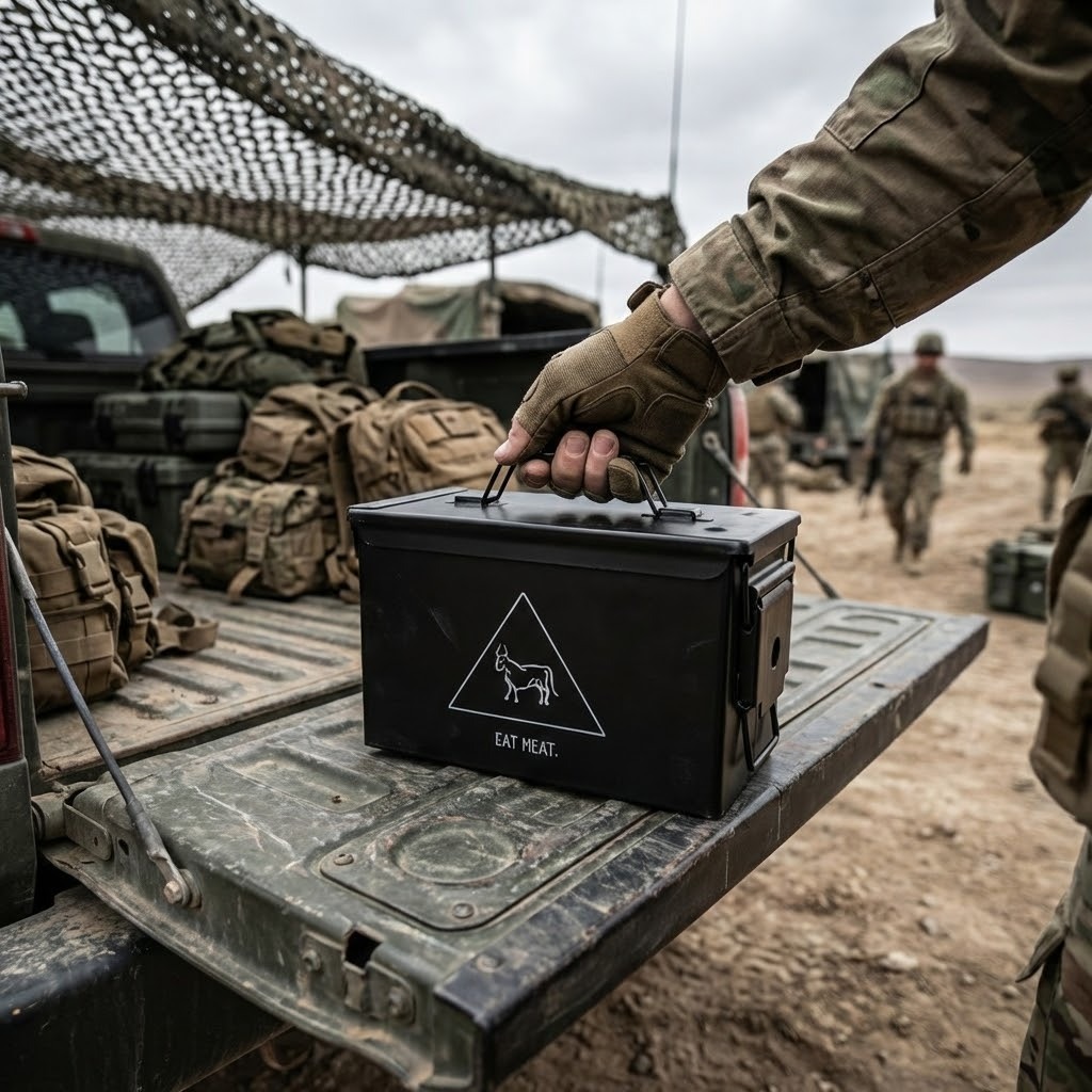 A soldier in camouflage holds a black metal box labeled 'EAT MEAT' on a truck tailgate.