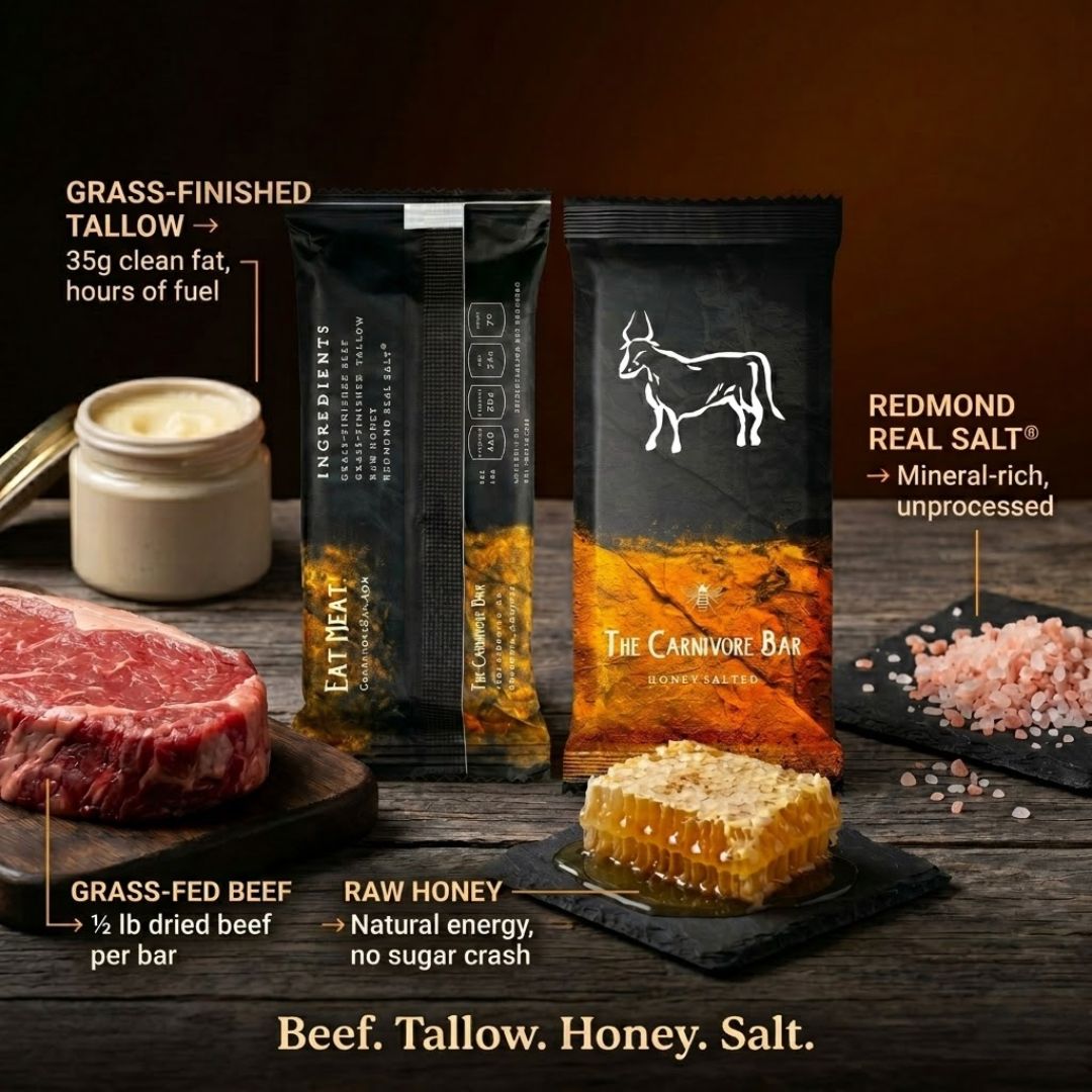 The Carnivore Bar with its ingredients: grass-fed beef, tallow, raw honey, and Redmond Real Salt.