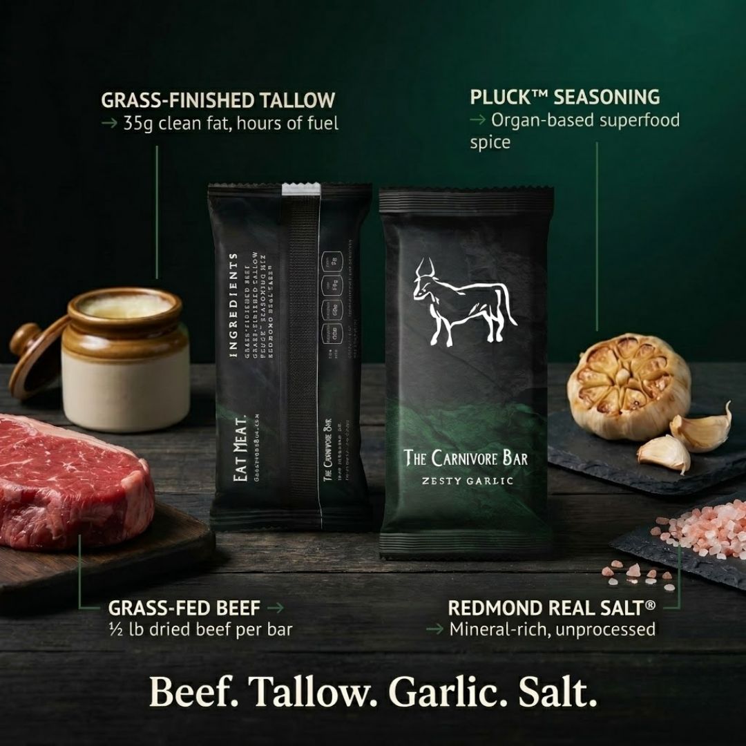 An advertisement for The Carnivore Bar showing the product surrounded by its ingredients: beef, tallow, garlic, and salt.