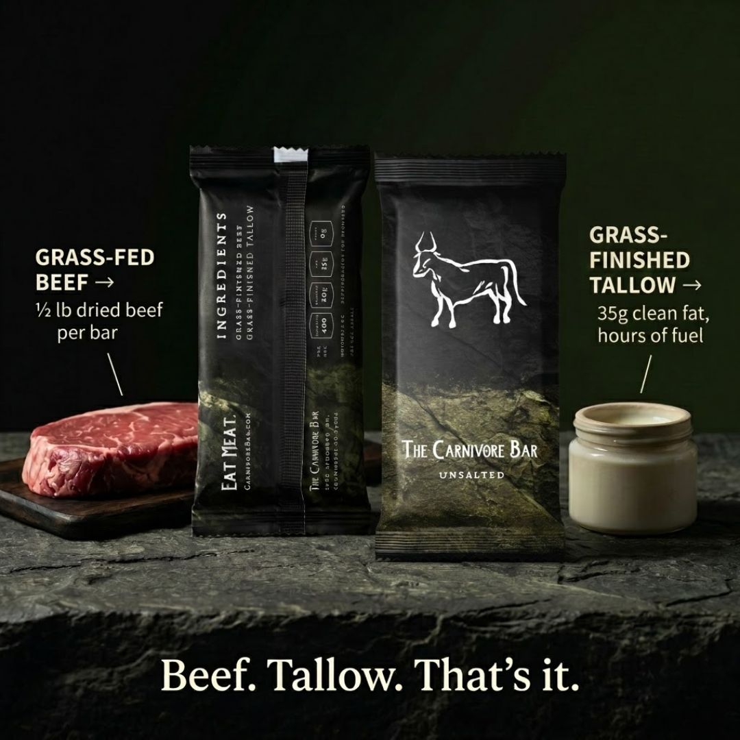 An advertisement for The Carnivore Bar showing the packaging next to its ingredients: raw beef and tallow.