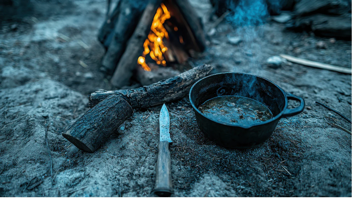 A steaming pot of food and a knife sit on the ground in front of a campfire.