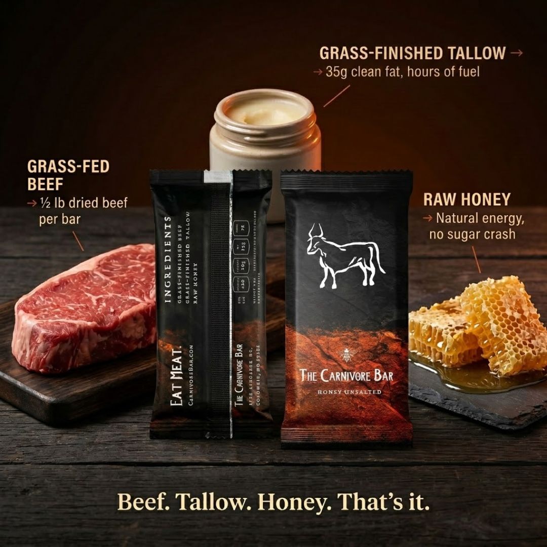 The Carnivore Bar displayed with its ingredients: a raw steak, a jar of tallow, and fresh honeycomb.