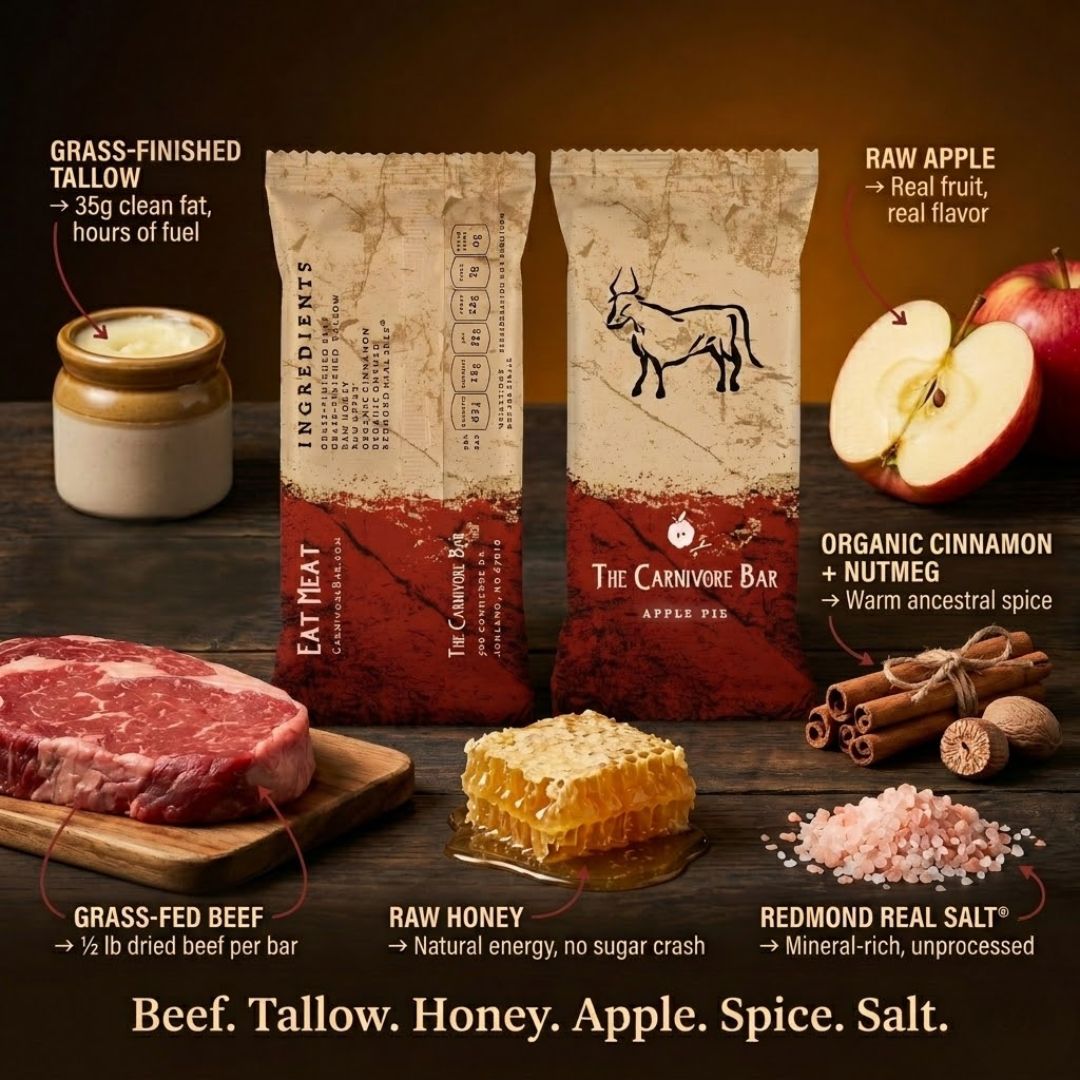 An ad for The Carnivore Bar showing its packaging and ingredients: beef, tallow, honey, apple, spices, and salt.