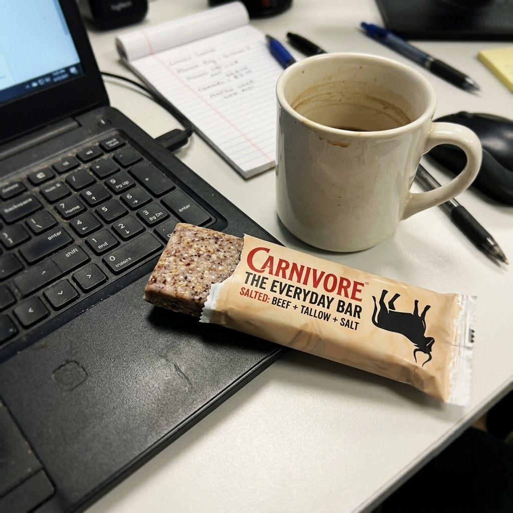An open Carnivore Bar and a cup of coffee sit on a desk next to a laptop.