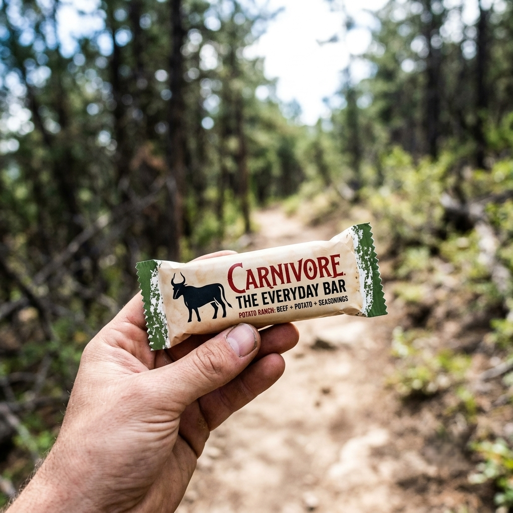 A hand holds a Carnivore brand snack bar on a hiking trail through a forest.