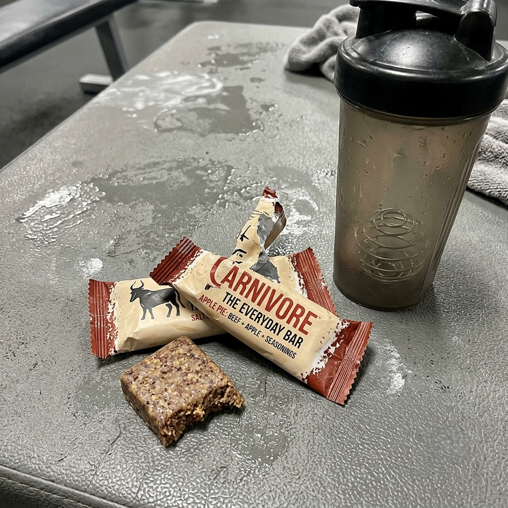 A black and white photo of Carnivore bars and a shaker bottle on a wet gym bench.