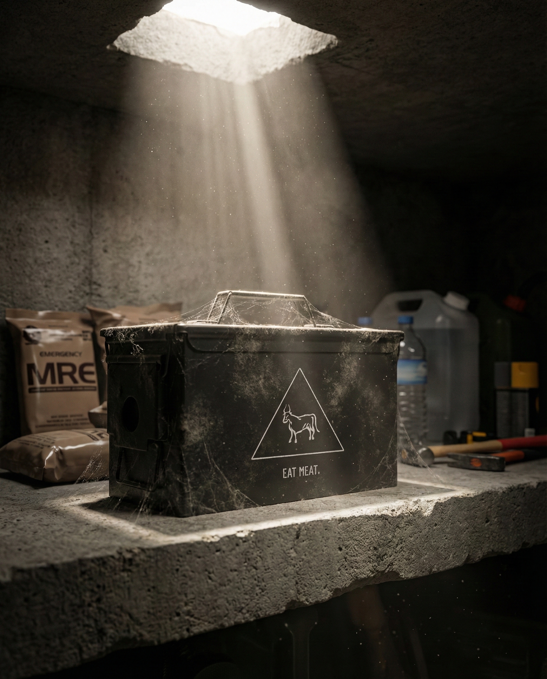 A dusty black box on a concrete shelf in a dark room, illuminated by a single beam of light.