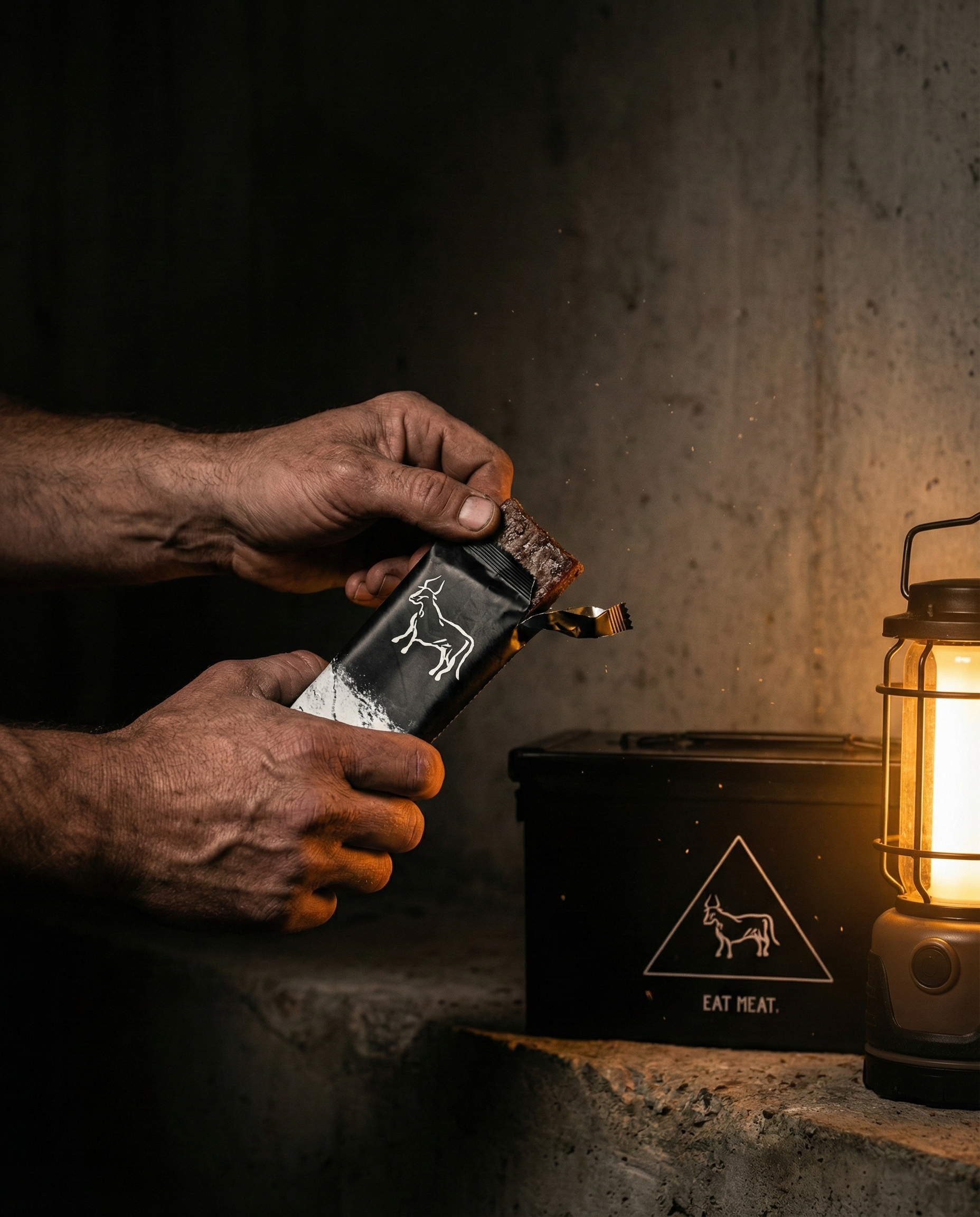 A person's hands open a packaged meat bar by the warm light of a lantern.