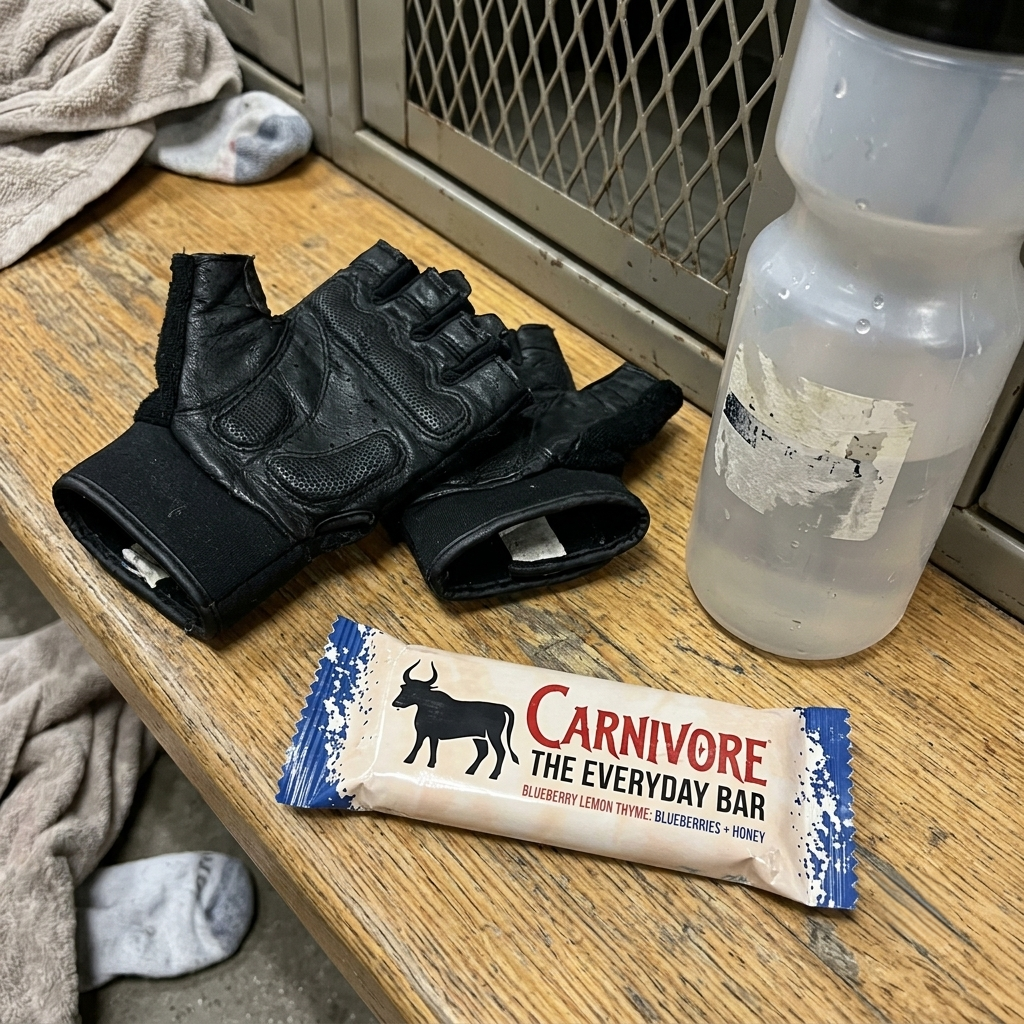 A protein bar, workout gloves, and a water bottle sit on a wooden bench in a locker room.