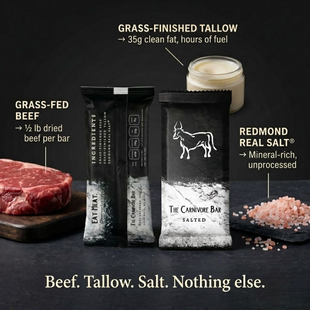 An advertisement for The Carnivore Bar showing the product packaging next to its ingredients: beef, tallow, and salt.