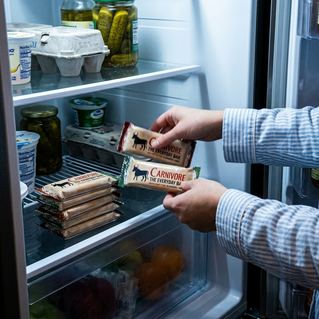 A person's hands take two Carnivore brand protein bars from a shelf inside an open refrigerator.