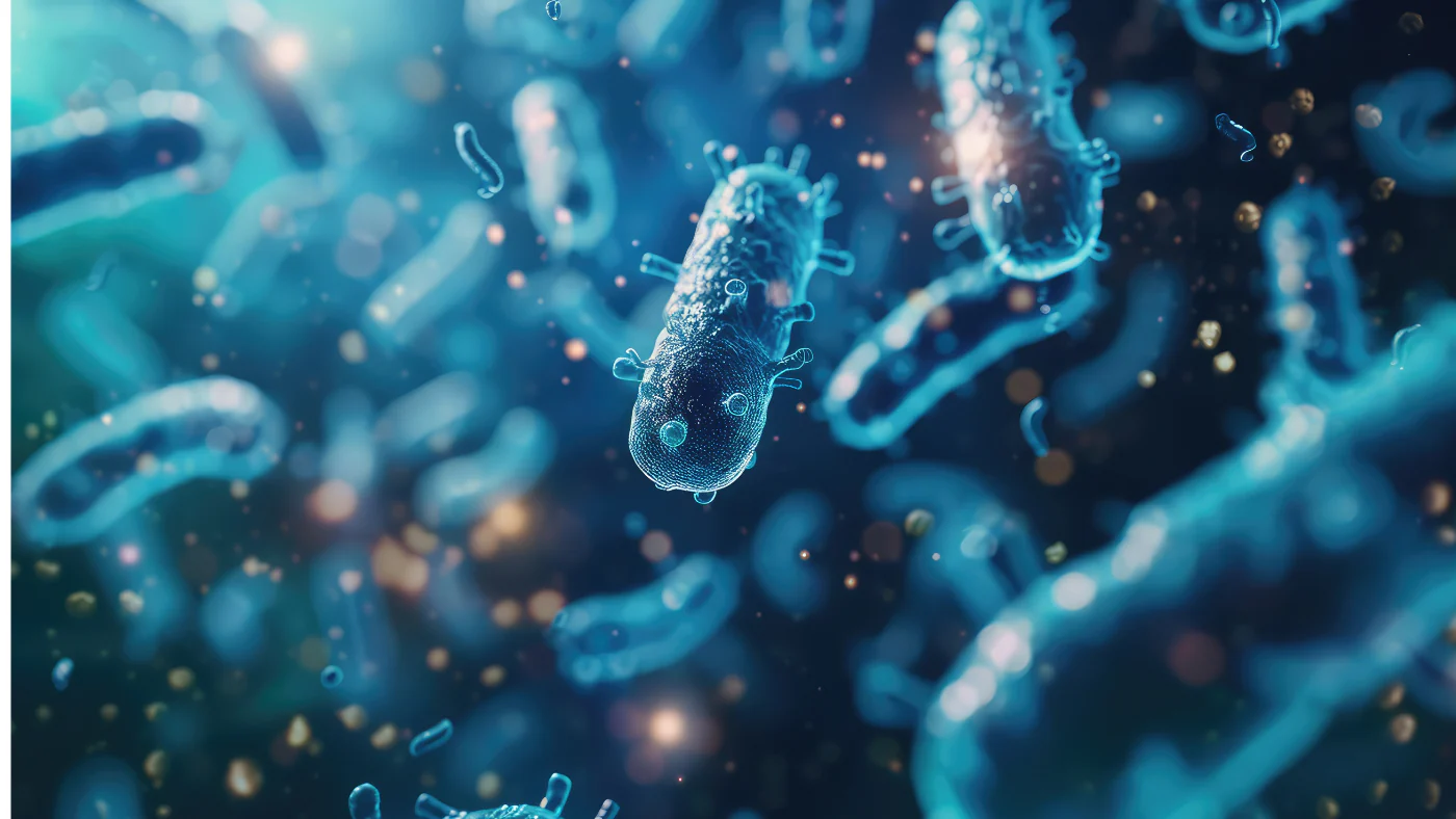 A digital illustration of glowing blue bacteria floating among small particles on a dark blue background.