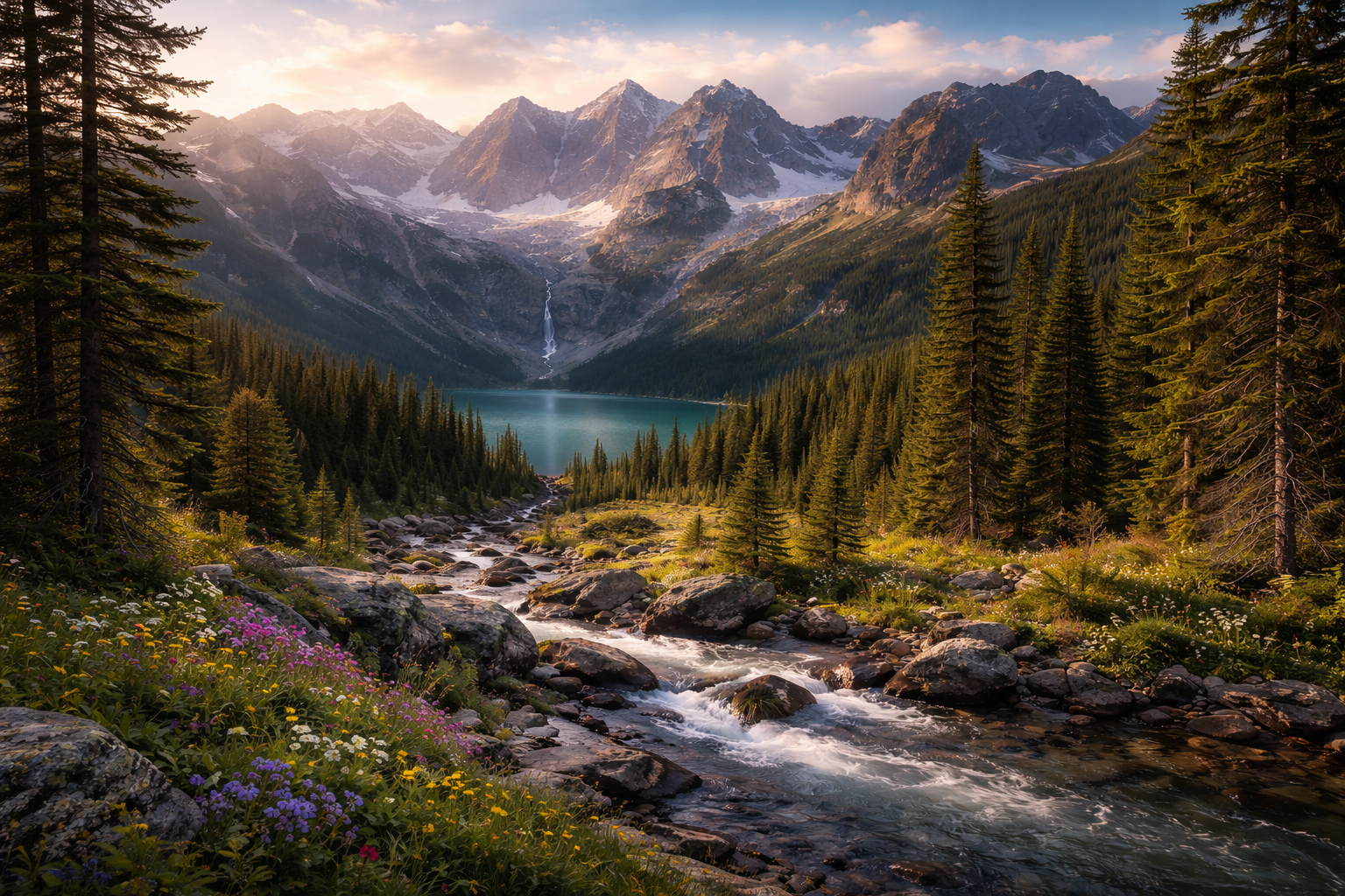 A rocky stream with wildflowers flows from a valley with a turquoise lake and snow-capped mountains.