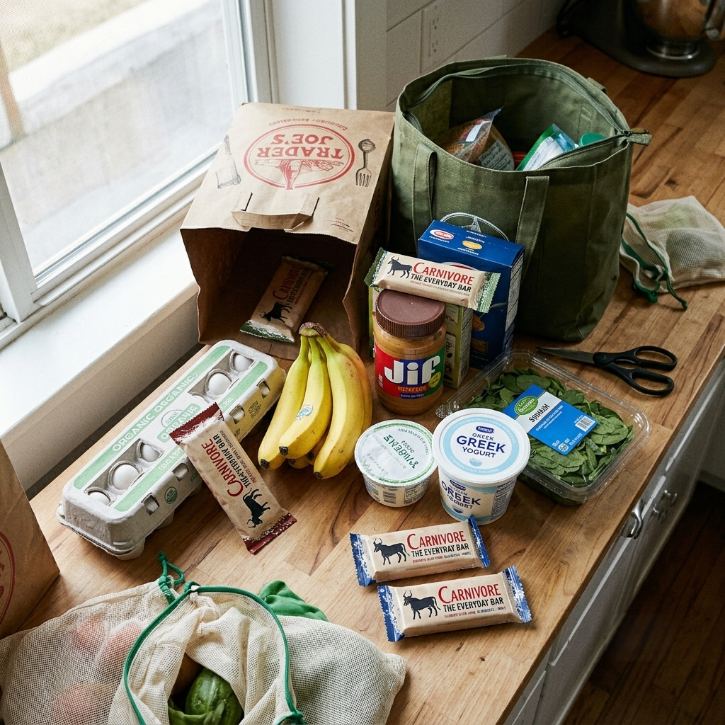 Groceries including eggs, bananas, yogurt, and protein bars are being unpacked on a wooden kitchen counter.