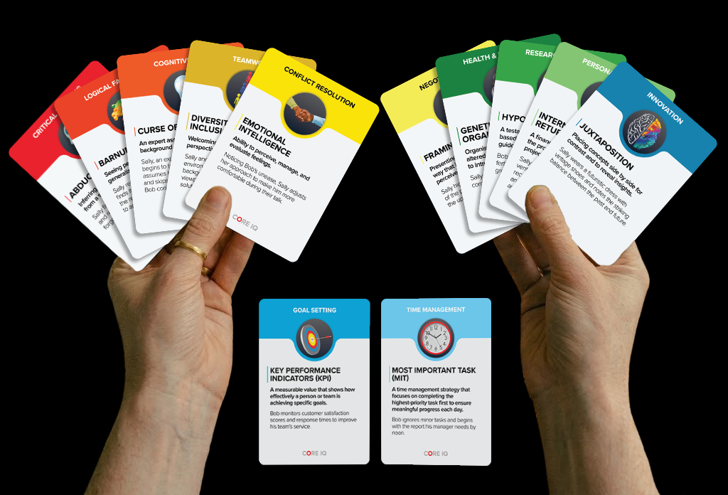 Hands holding Core IQ training and development cards