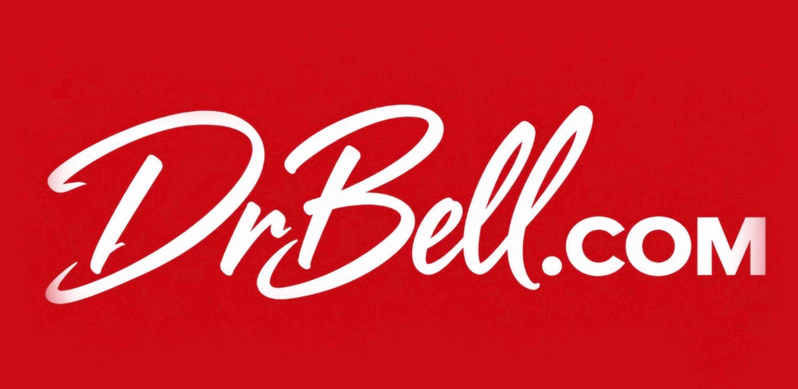 The logo for DrBell.com, with white cursive text on a solid red background.