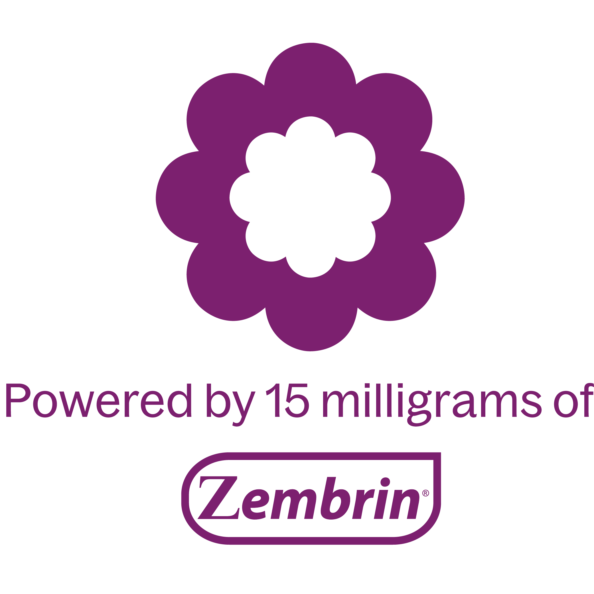 A purple flower icon above the text 'Powered by 15 milligrams of' and the Zembrin logo.