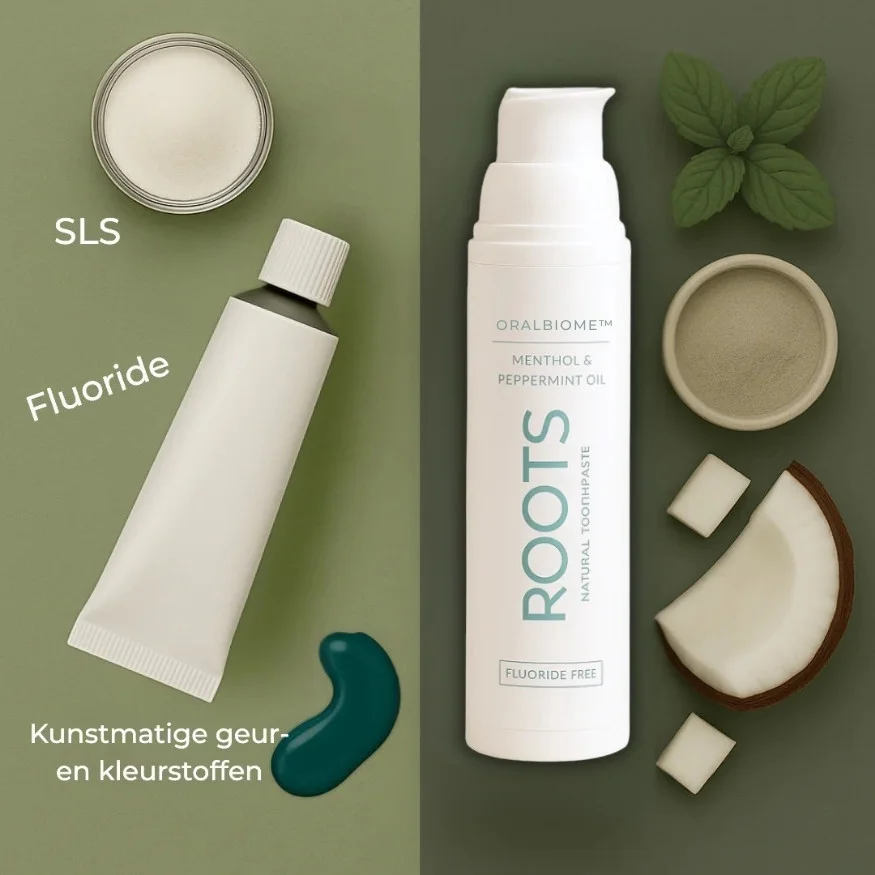 A split-screen image comparing a generic toothpaste with Roots natural toothpaste and their respective ingredients.
