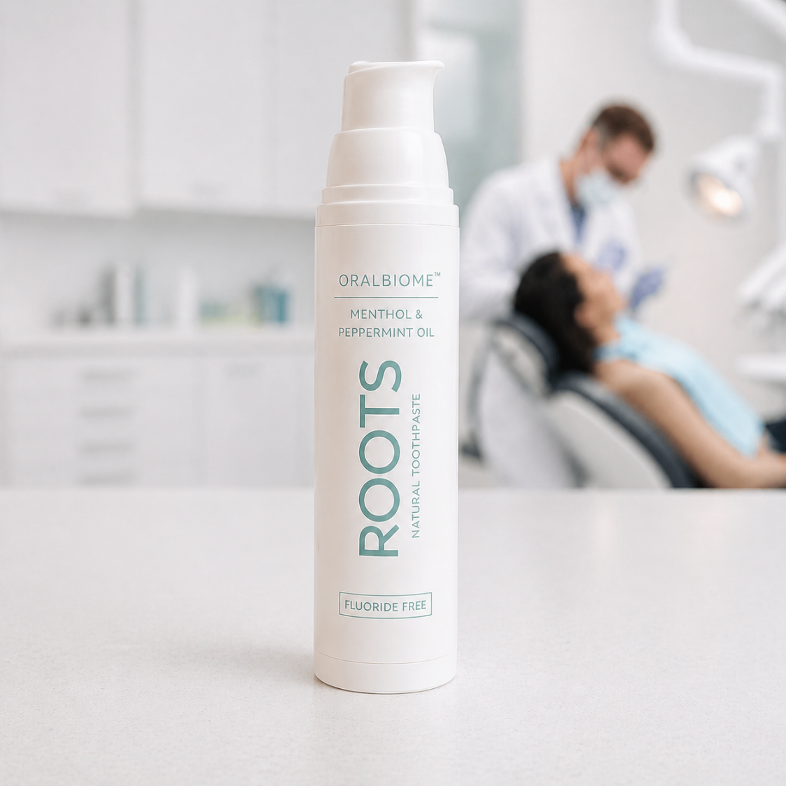 A bottle of Roots toothpaste sits on a counter with a dentist and patient blurred in the background.