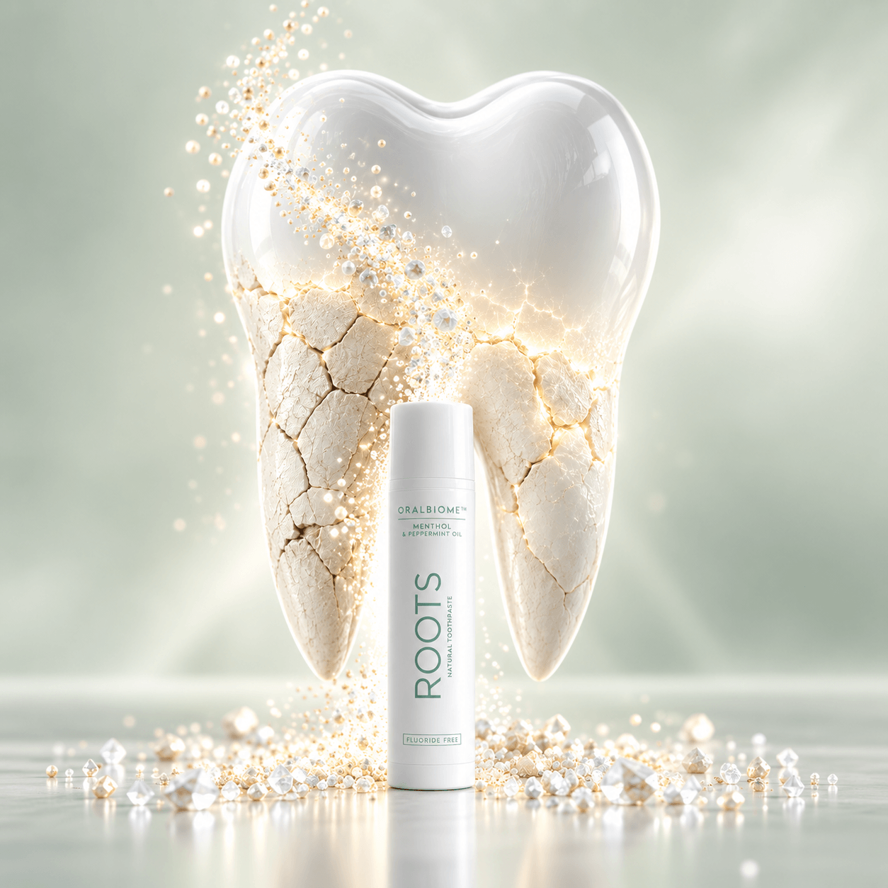 A bottle of ROOTS toothpaste sits before a large, stylized tooth transforming from cracked to smooth.