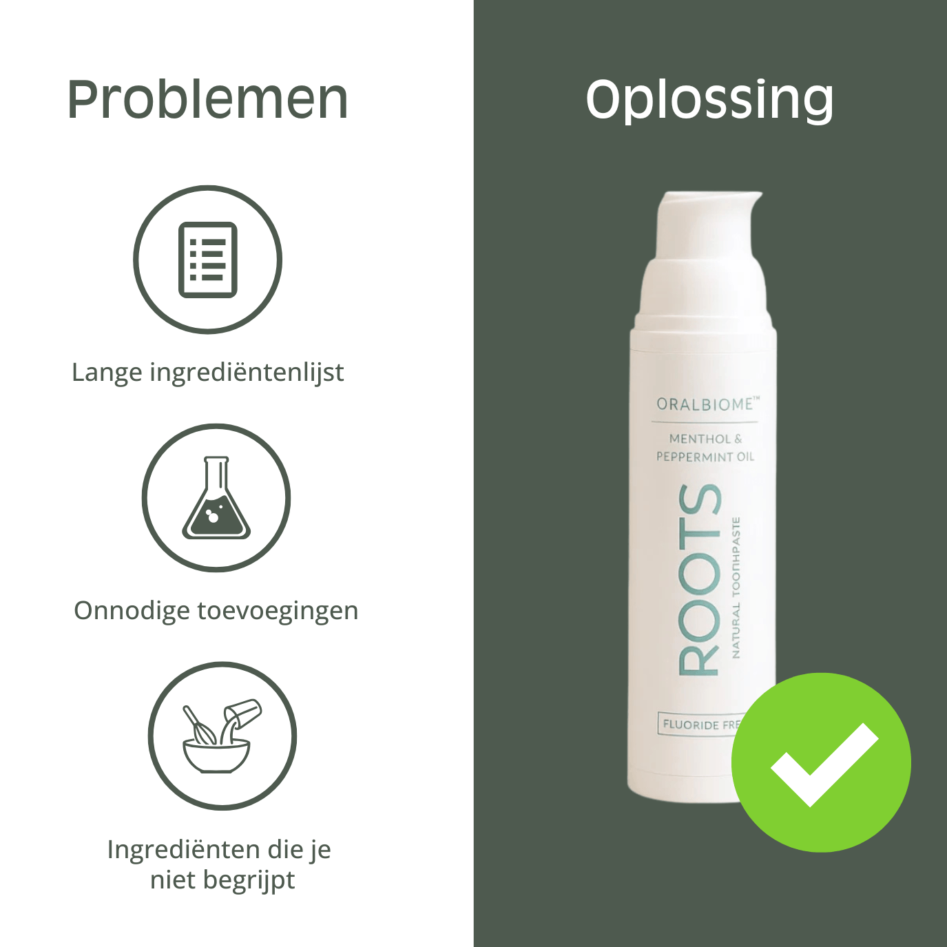 A problem-solution graphic contrasting ingredient issues with a bottle of Roots Natural Toothpaste.