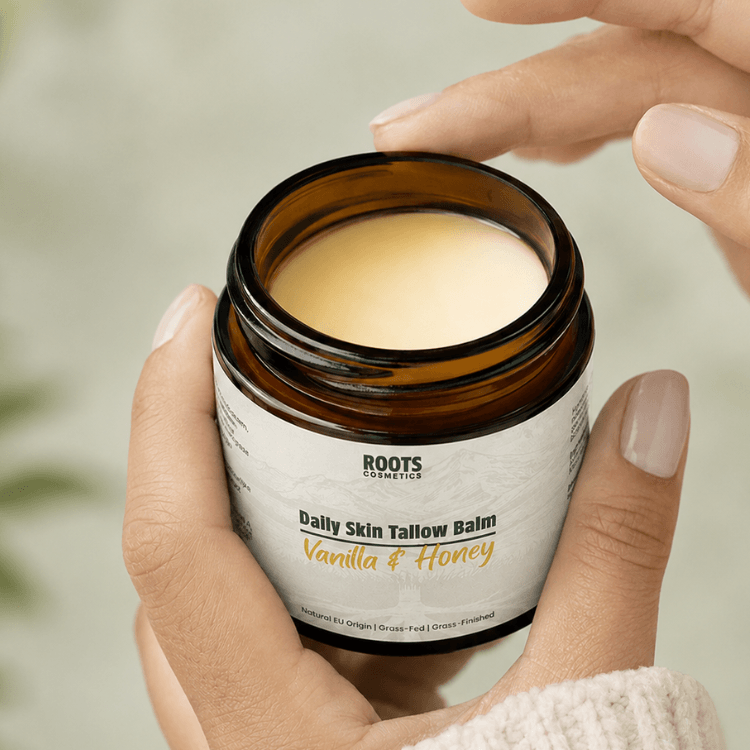 Hands holding an open jar of Roots Cosmetics Daily Skin Tallow Balm in Vanilla & Honey.