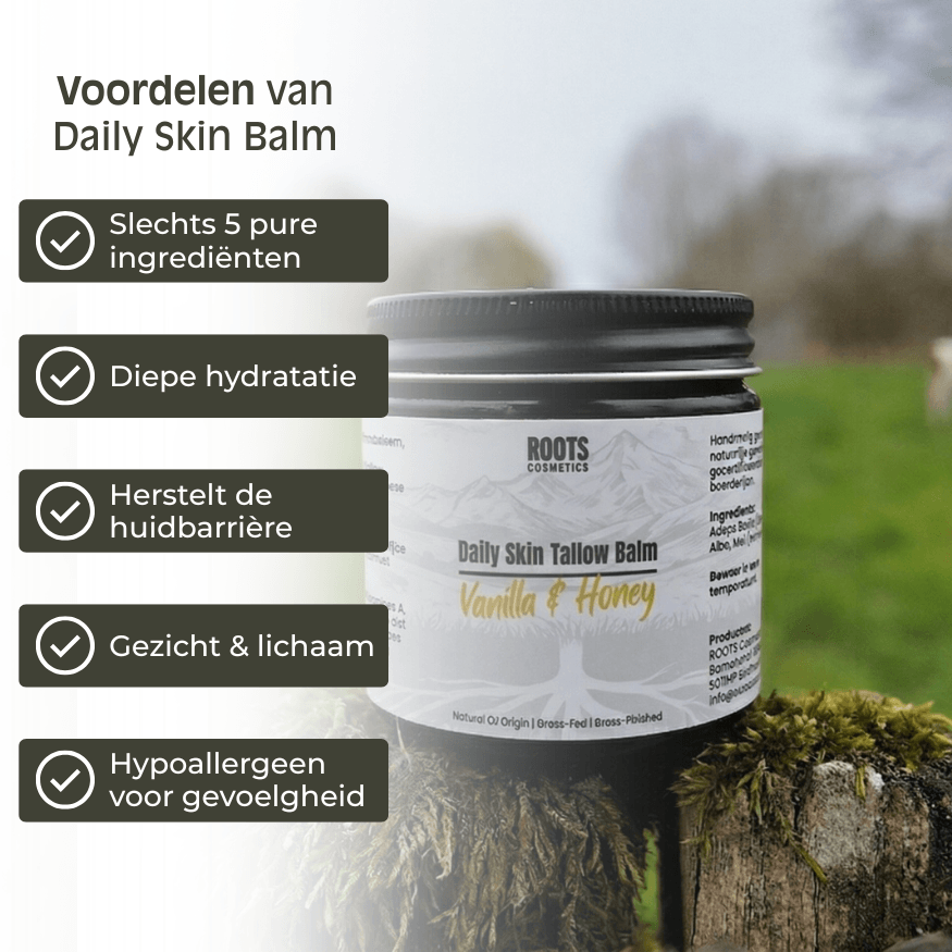 A jar of Roots Cosmetics Daily Skin Tallow Balm on a mossy post, with product benefits listed.