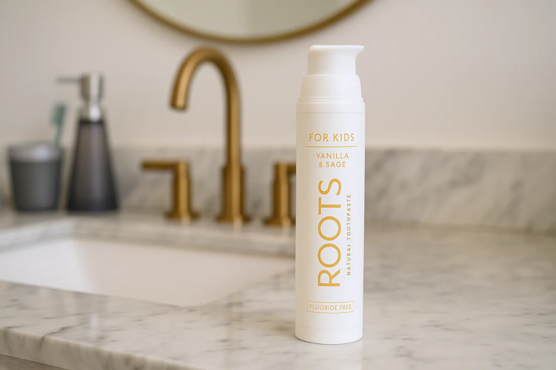 A bottle of Roots for Kids natural toothpaste sitting on a marble bathroom counter in front of a sink.