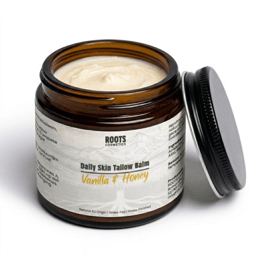 An open amber jar of Roots Cosmetics Daily Skin Tallow Balm in Vanilla & Honey, with the lid resting beside it.