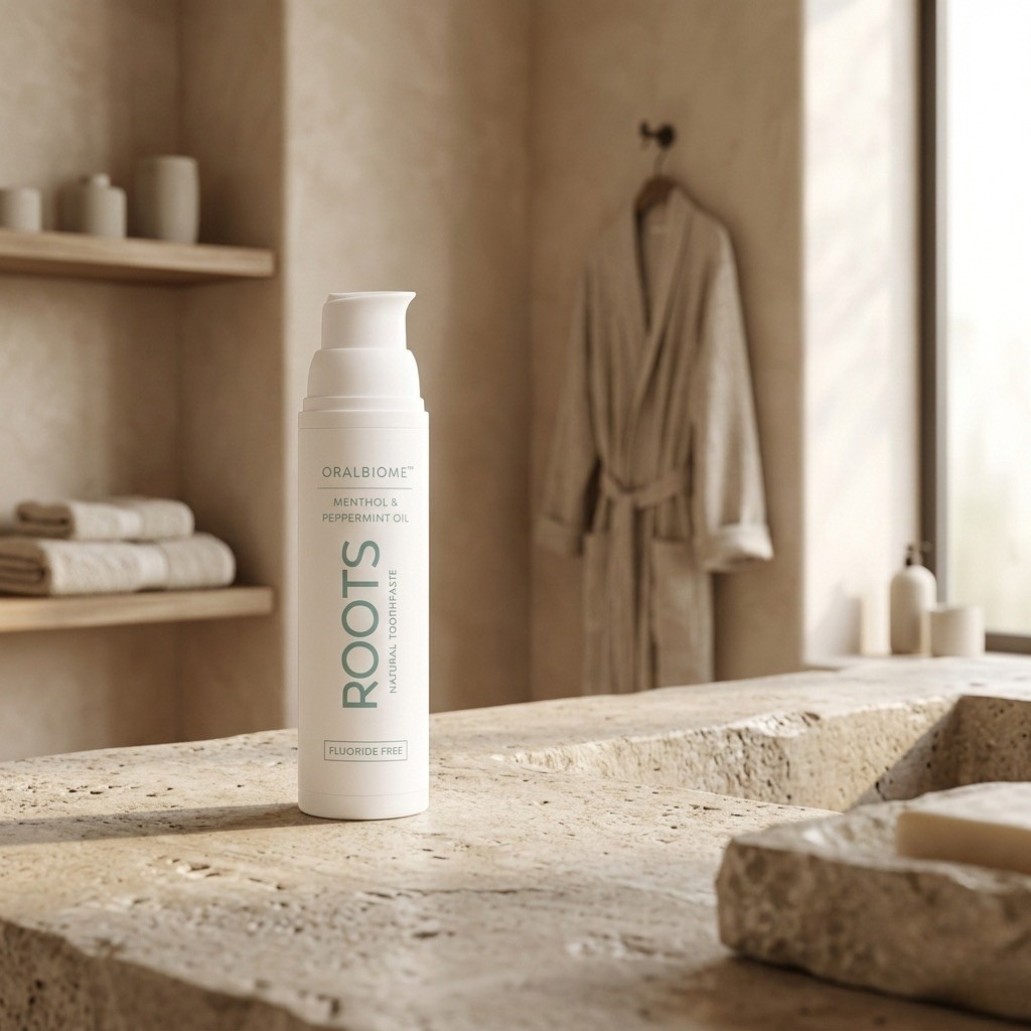 A white bottle of Roots natural toothpaste rests on a stone bathroom counter next to a sink.
