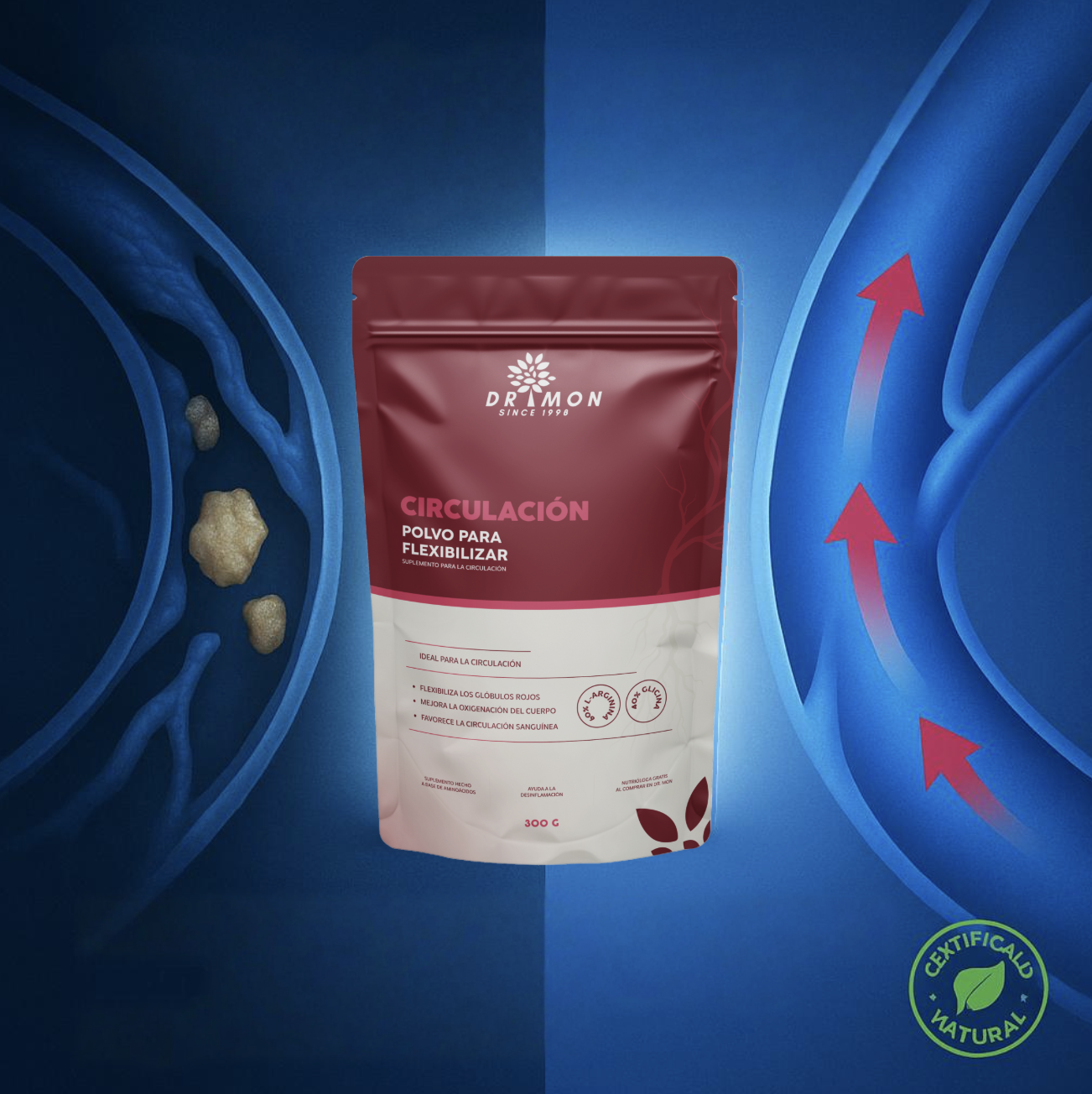 Product packaging with circulatory system illustration and natural certification badge.