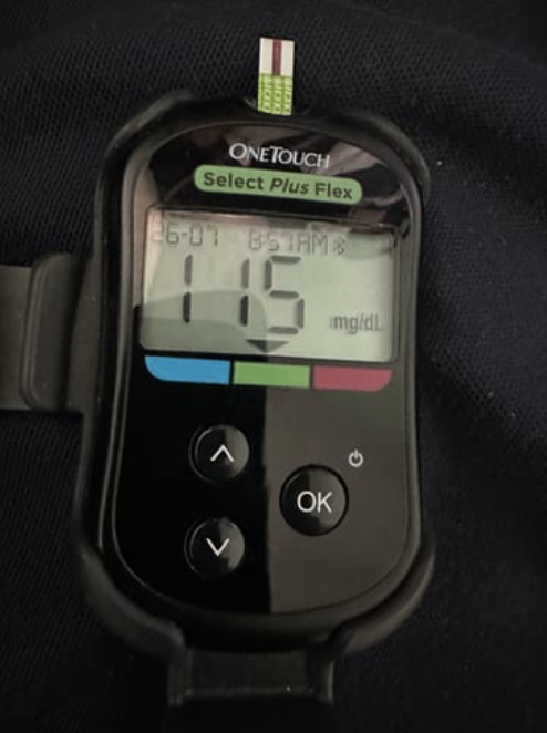A glucose meter displaying 115 mg/dL with a test strip inserted.