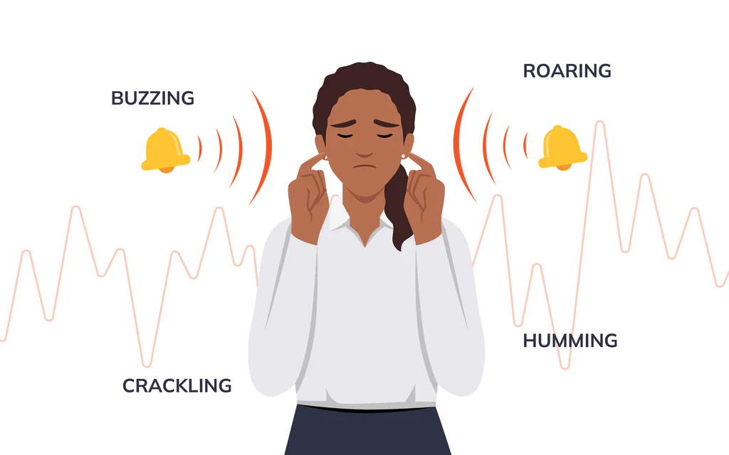 Illustration of a person covering ears with sound waves labeled buzzing, roaring, crackling, and humming.