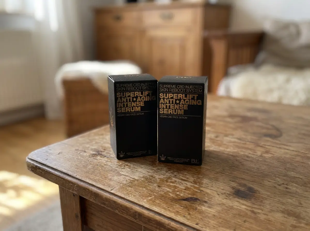 Two boxes of Superlift Anti-Aging Intense Serum sitting on a wooden table indoors.