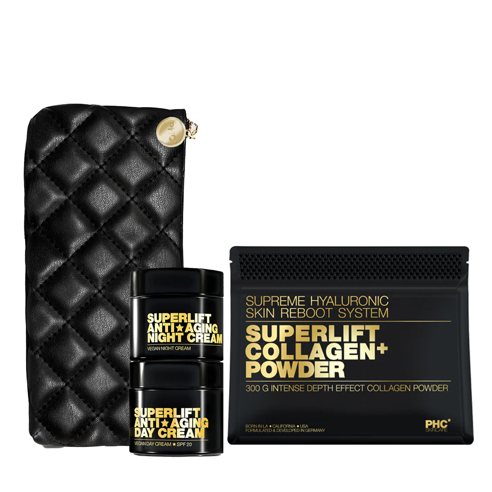 Black quilted pouch, night cream, day cream, and collagen powder.