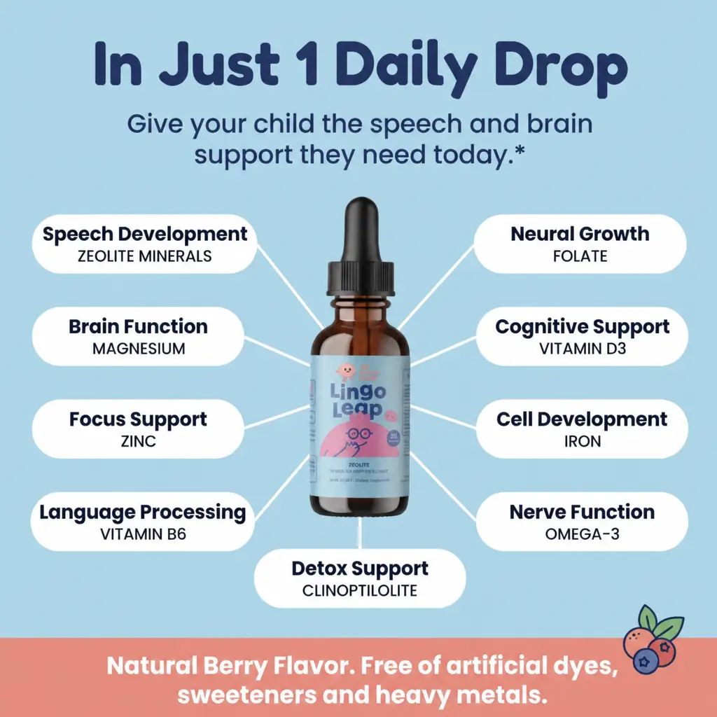 An advertisement for Lingo Leap drops showing the product bottle and listing its benefits for child development.