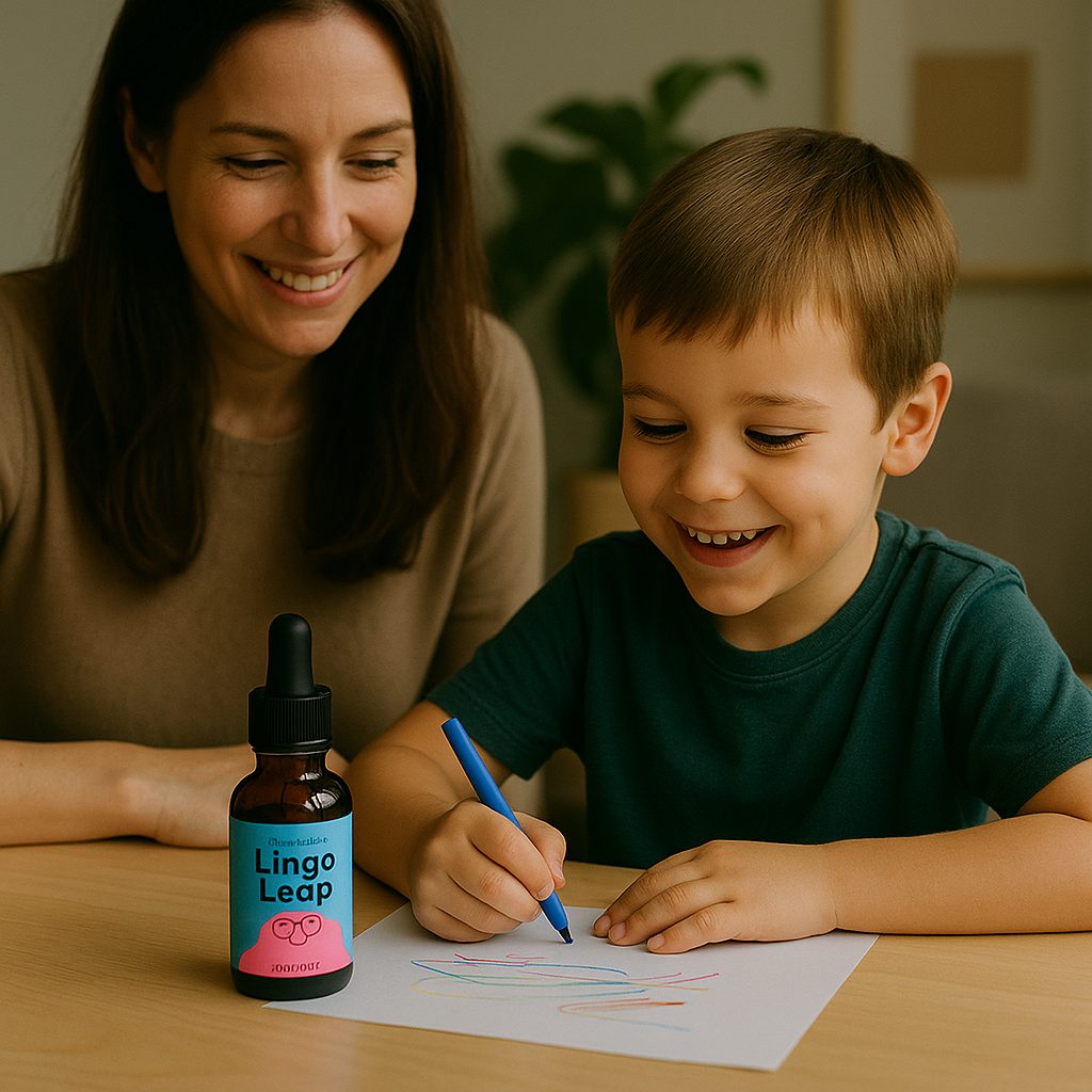 Smiling child drawing at a table with a woman and a dropper bottle nearby.