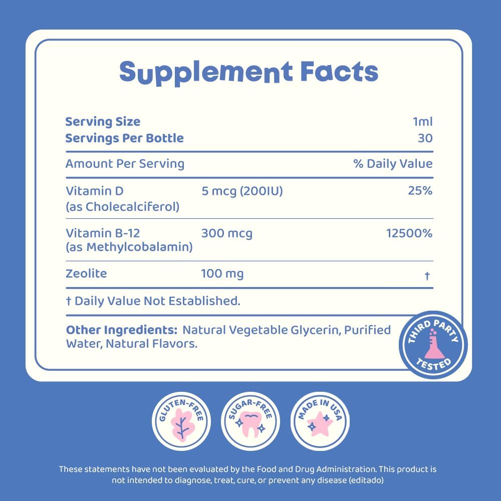 Supplement facts label featuring Vitamin D, Vitamin B-12, and Zeolite; includes gluten-free, sugar-free icons.