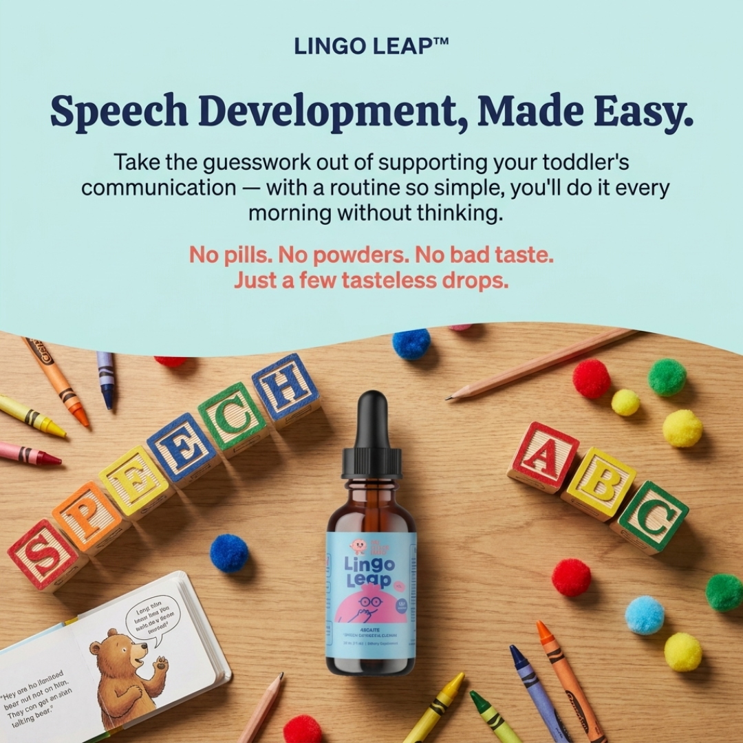 A bottle of Lingo Leap drops on a wooden surface with alphabet blocks, crayons, and a children's book.