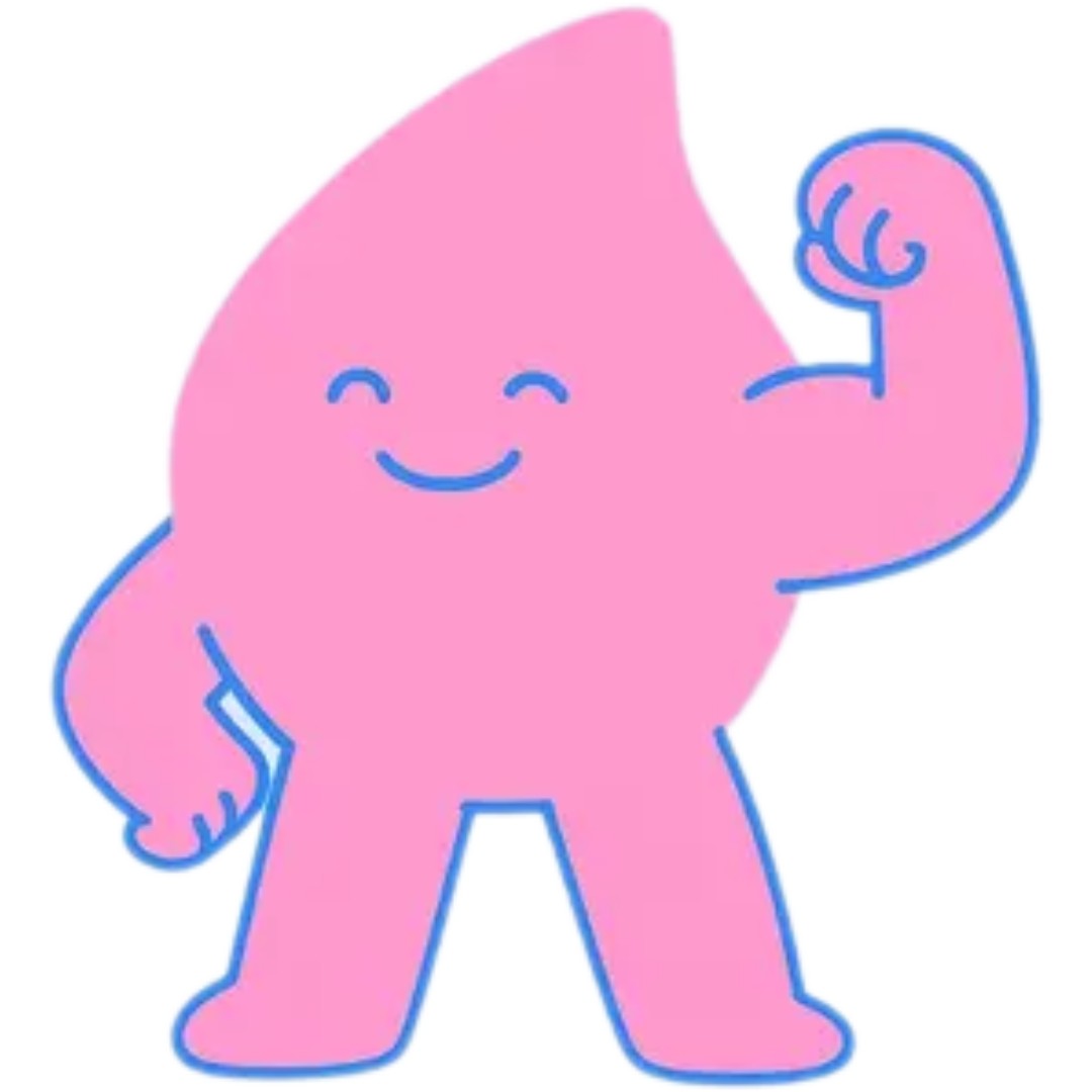Cartoon pink teardrop character flexing an arm with a smiling face.