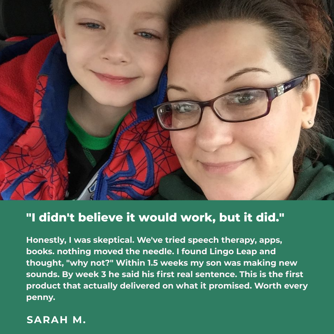 Smiling woman with glasses and a child in a colorful jacket, text testimonial below.